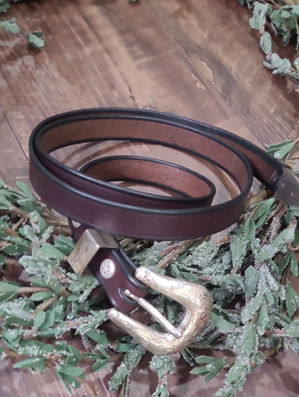 Brown Leather Belt with Decorative Silver Tone Buckle Tip 36"